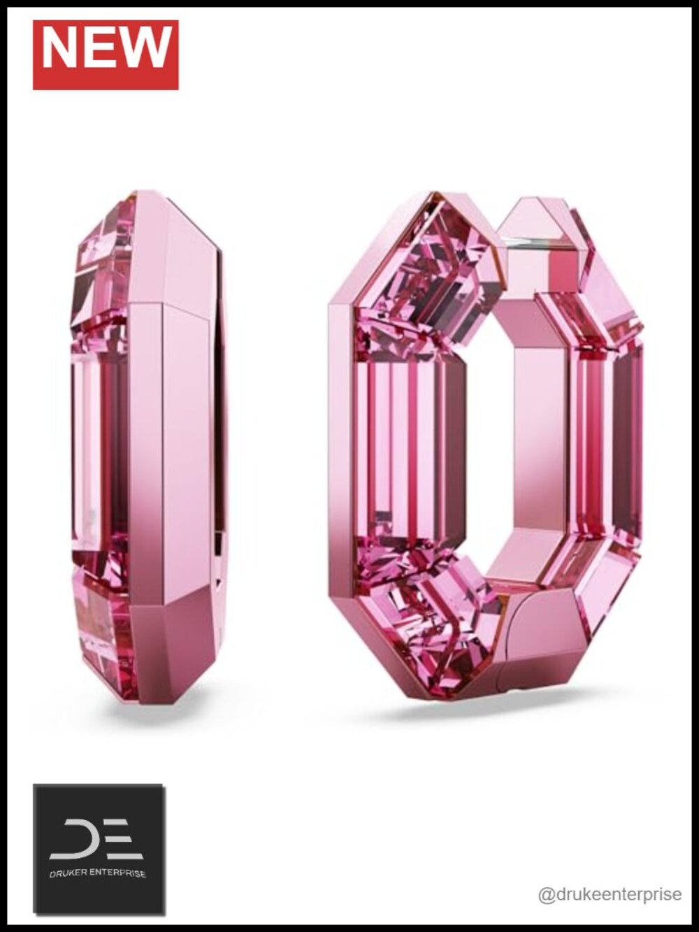 Swarovski Lucent Small Hoop Earrings with Pink Crystals, Octagon Shape,